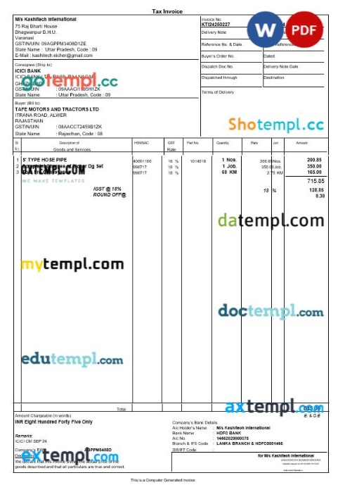 India Uttar Pradesh Ms KashiTech International tax invoice editable template in Word and PDF formats