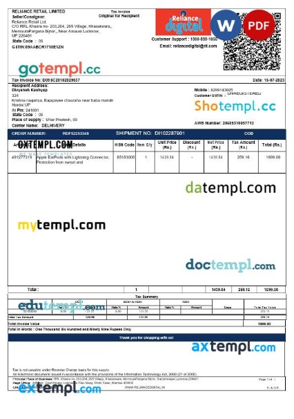 India Uttar Pradesh Reliance Retail tax invoice editable template in Word and PDF formats