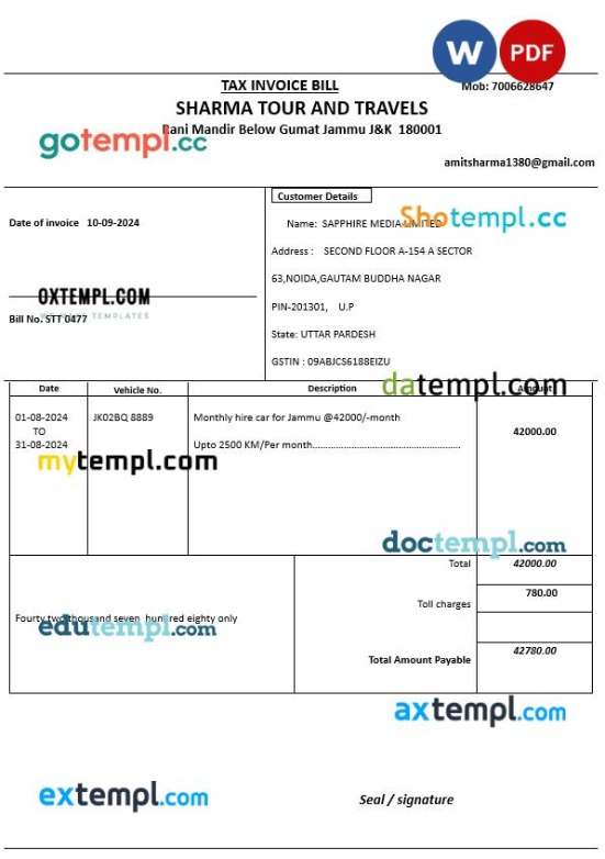 India Uttar Pradesh Sharma Tour and Travels tax invoice editable template in Word and PDF formats