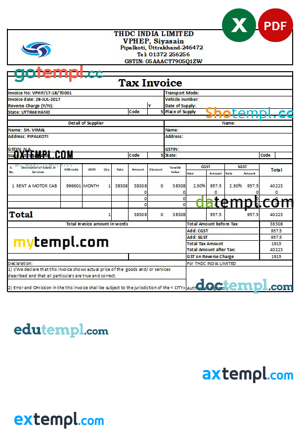 India Uttarakhand THDC India Limited tax invoice editable template in Excel and PDF formats