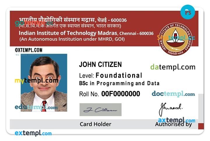 Indian Institute of Technology Madras student ID template in PSD format