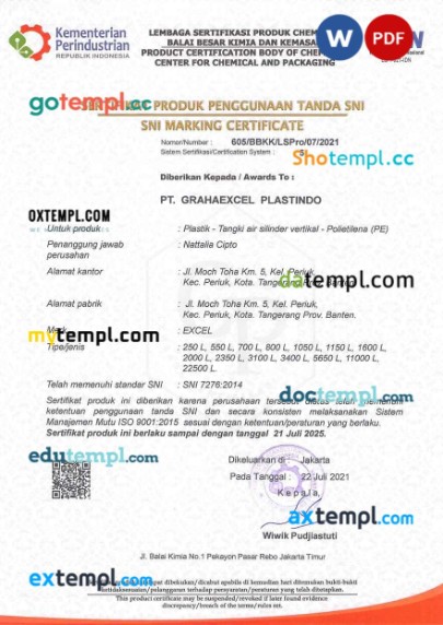 Indonesia Kementerian Perindustrian product certificate editable template in Word and PDF format