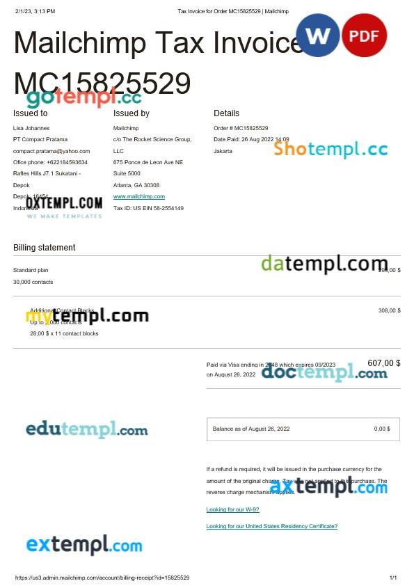 Indonesia Mailchimp tax invoice editable template in Word and PDF formats