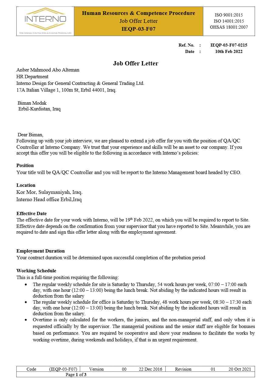 Interno Ltd. QA QC Controller offer letter in Word and Pdf formats