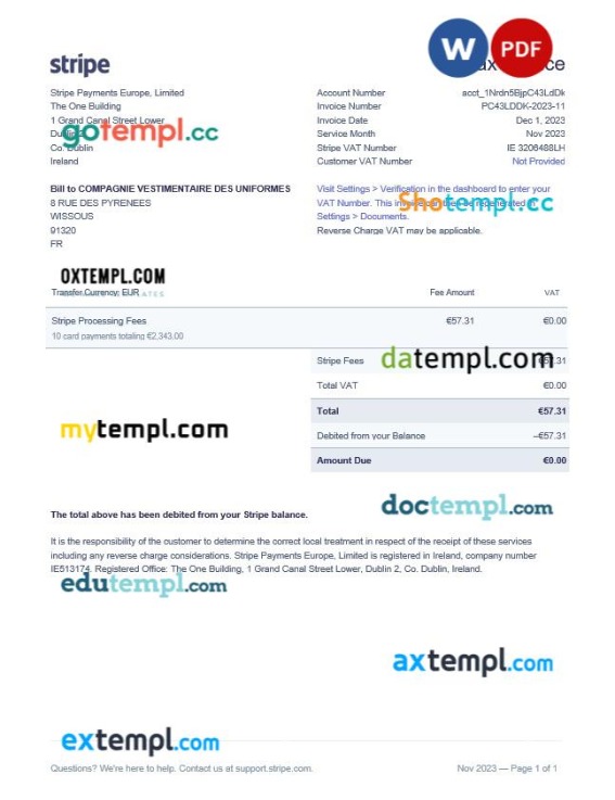 Ireland Dublin Stripe Payments Europe tax invoice editable template in Word and PDF formats