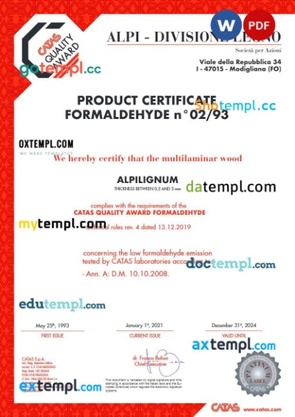 Russia BINAGroup product certificate editable template in Word and PDF formats