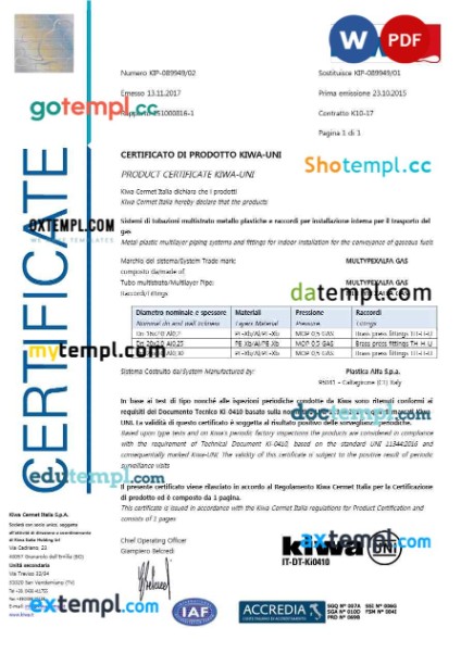 Italy Kiwa Cermet S.p.A. product certificate editable template in Word and PSD format