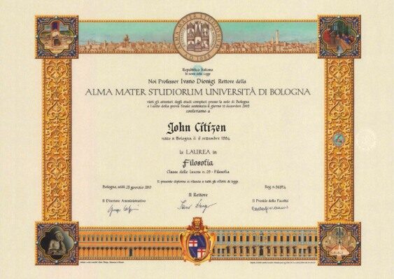 Italy University of Bologna diploma template in PSD format