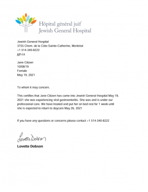 Jewish General Hospital doctor note template in Word and PDF formats