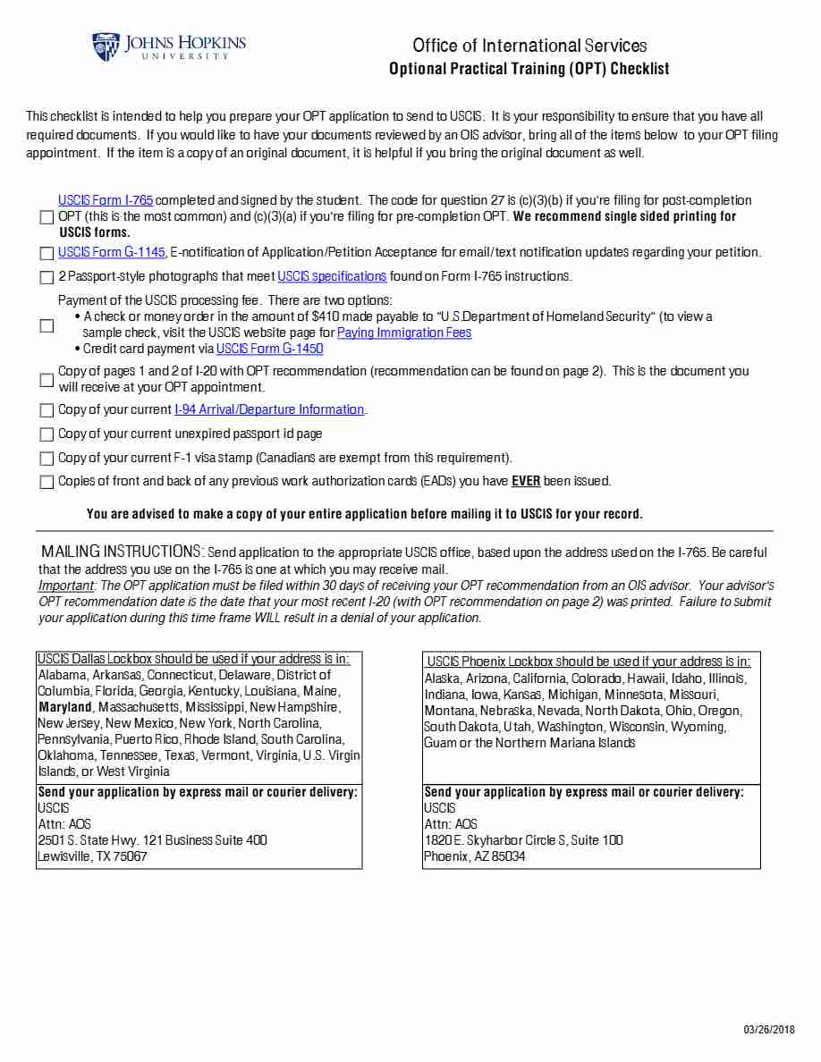 John Hopkins University Optional Practical Training (OPT) checklist template in Word and PDF formats