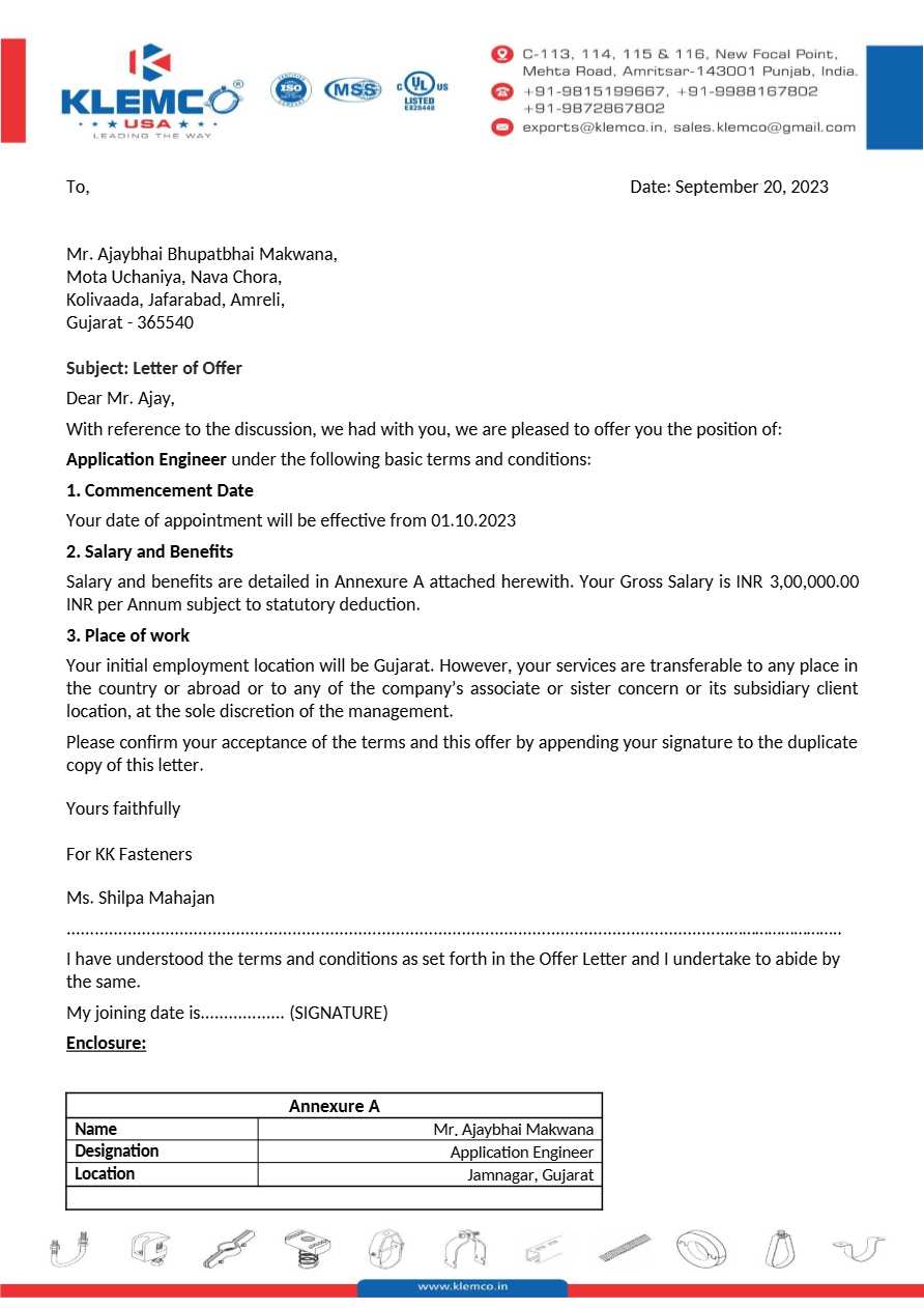 Lando natural Oil & Gas company LLC QA Welding Inspector offer letter in Word and Pdf formats