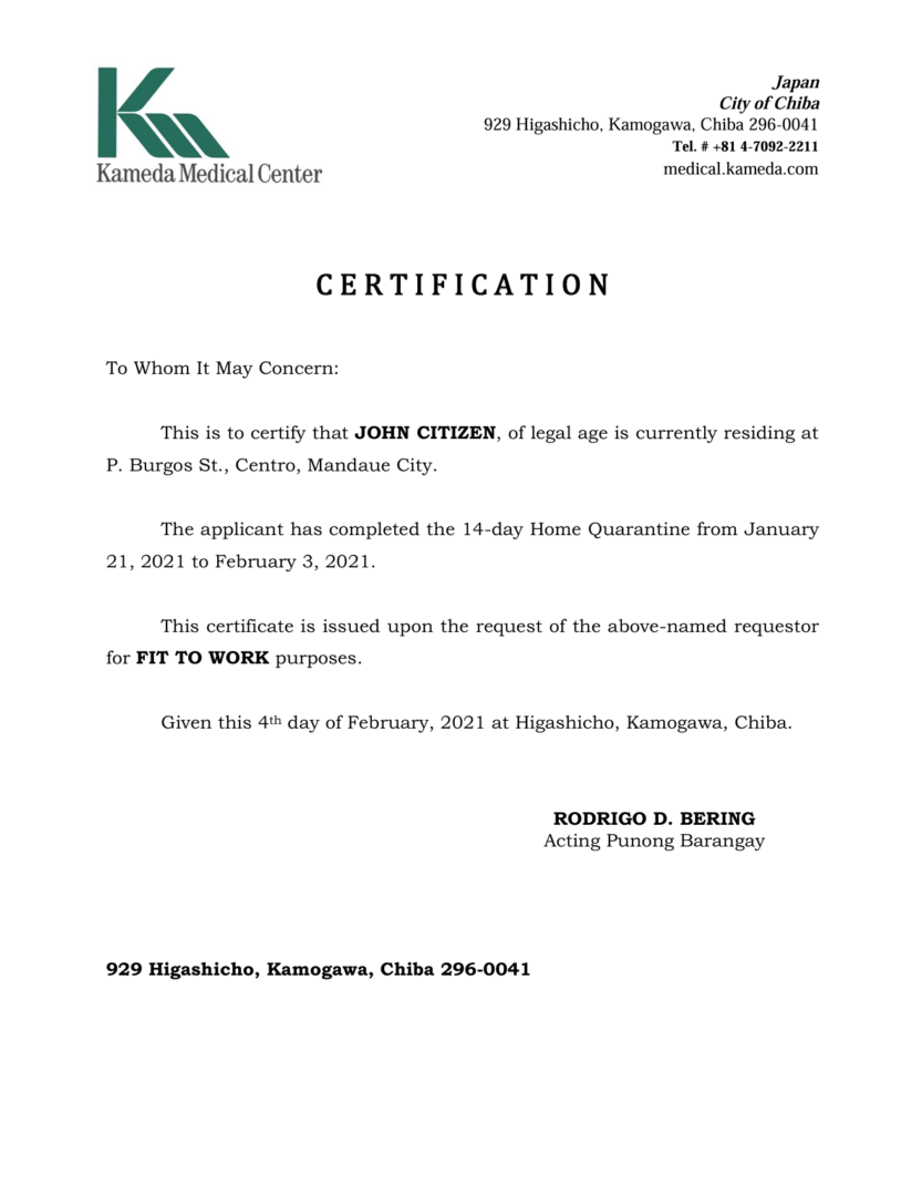 Kameda Medical Center certification template in Word and PDF formats