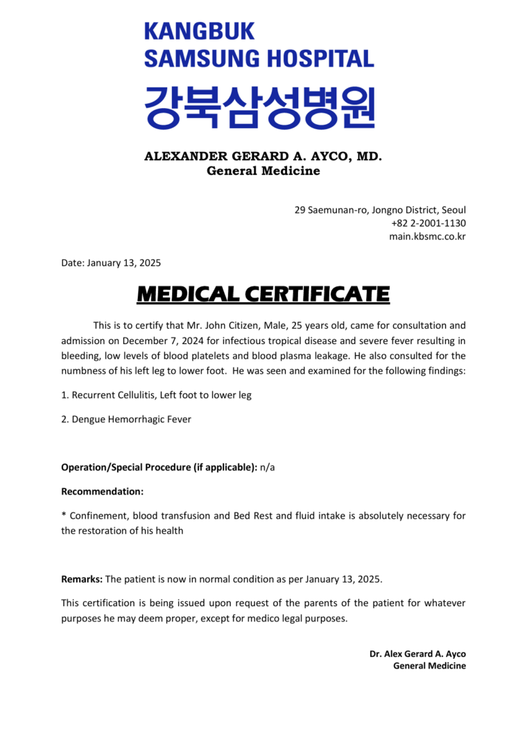 Kangbuk Samsung Hospital medical certificate template in Word and PDF formats