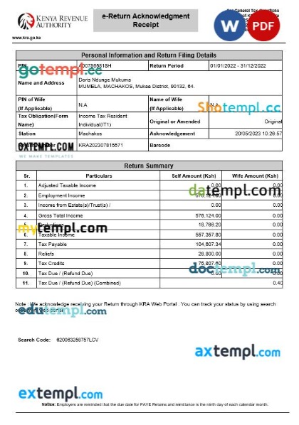 Kenya Revenue Authority tax receipt editable template in Word and PDF formats