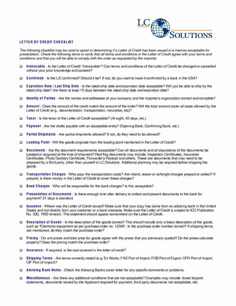 LC Solutions Letter of Credit checklist template in Word and PDF formats