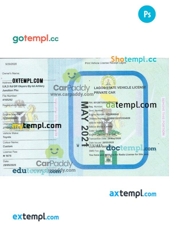 Lagos vehicle registration certificate in PSD format
