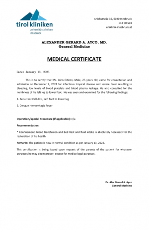 Landeskrankenhaus Universitätskliniken Innsbruck medical certificate template in Word and PDF formats