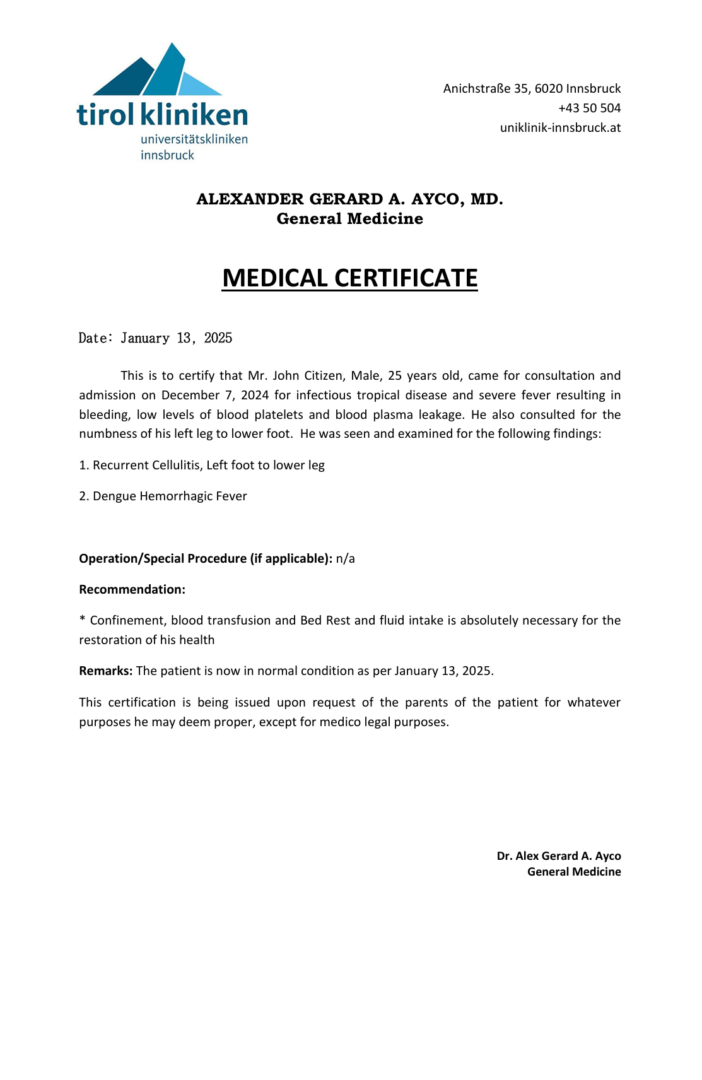 Landeskrankenhaus Universitätskliniken Innsbruck medical certificate template in Word and PDF formats