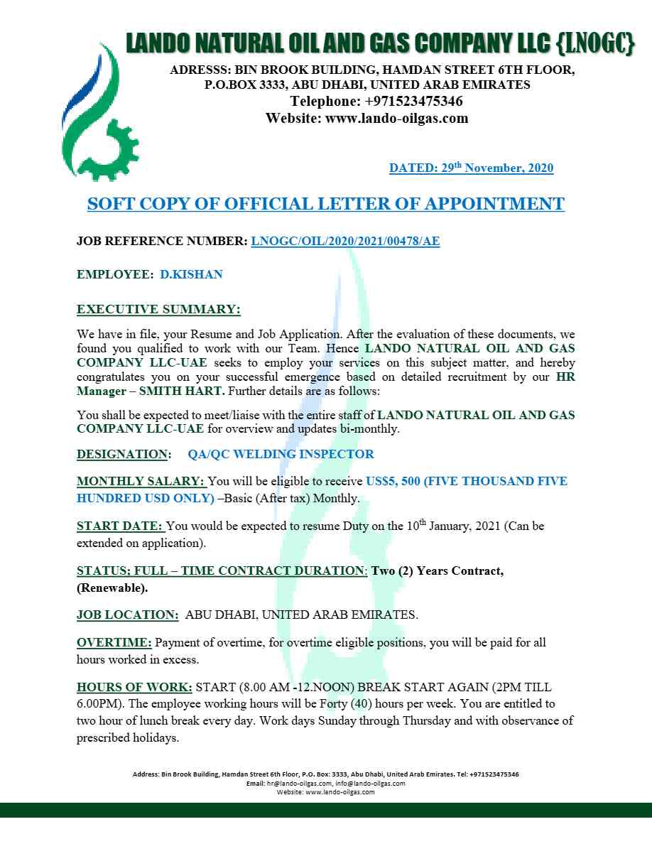 Lando natural Oil & Gas company LLC QA Welding Inspector offer letter in Word and Pdf formats