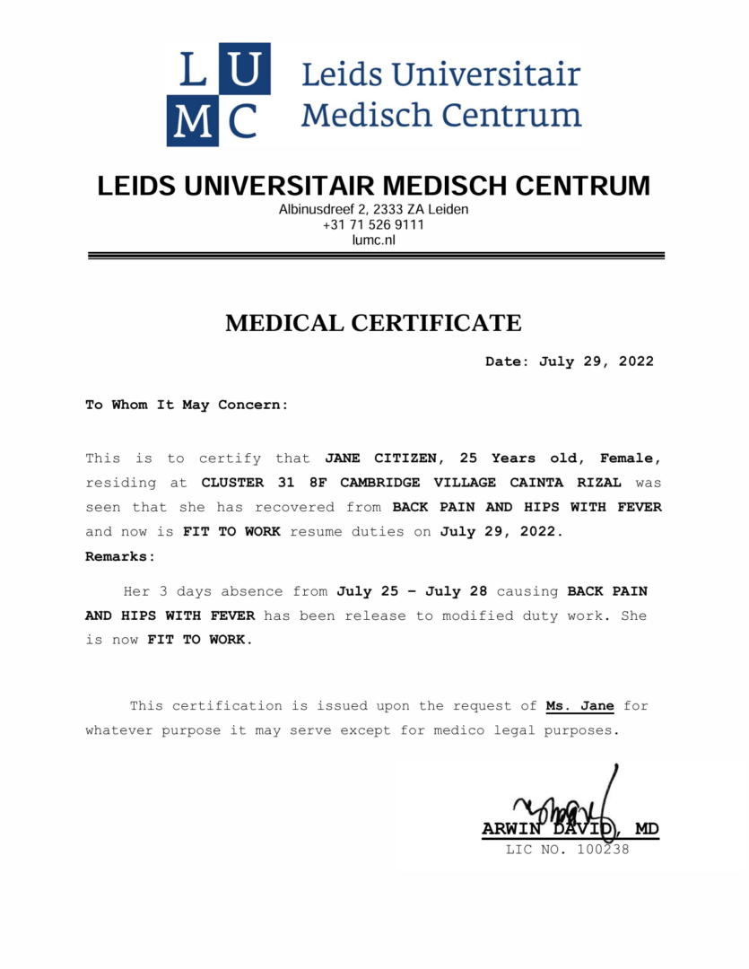 Leids Universitair Medisch Centrum medical certificate template in Word and PDF formats