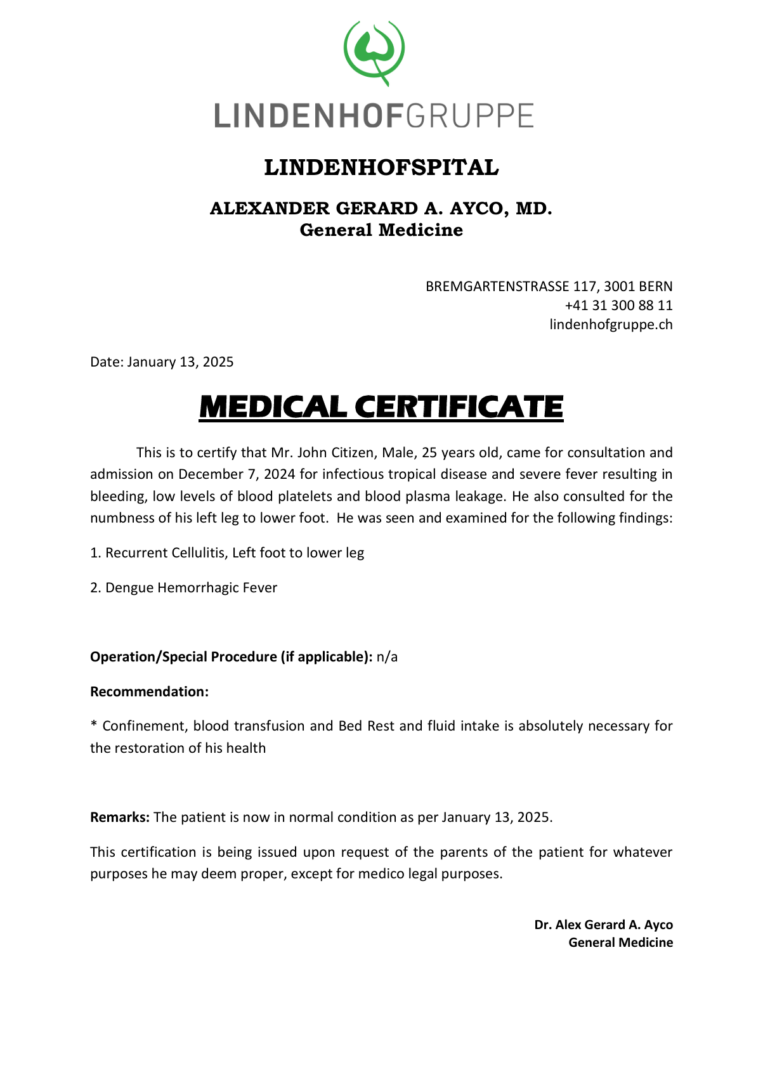 Lindenhofspital medical certificate template in Word and PDF formats