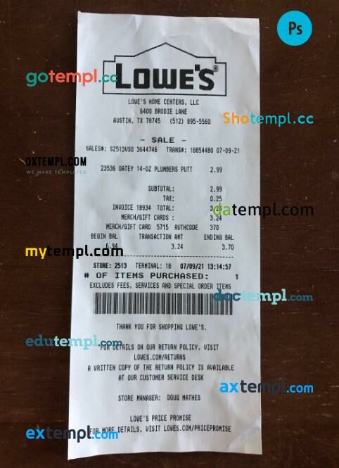 Lowes retail company payment slip PSD template