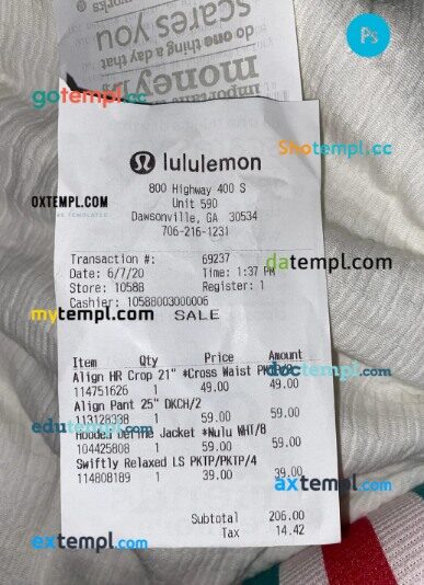 Lululemon store payment receipt PSD template