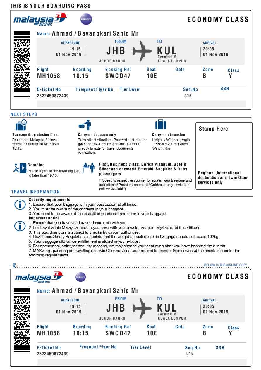 Malaysia Airlines boarding pass in Word and PDF formats, version 1