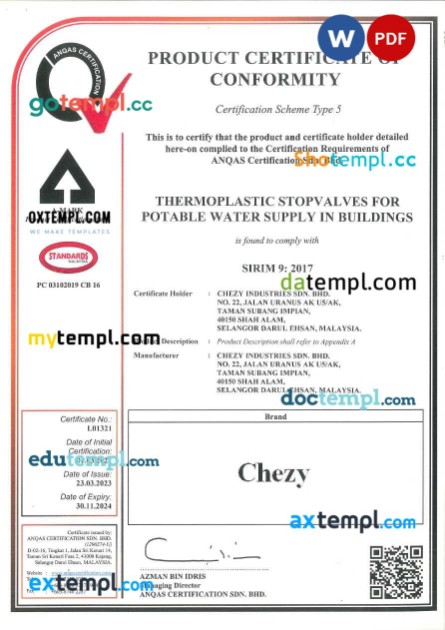 Singapore green building council product certificate editable template in Word and PDF format