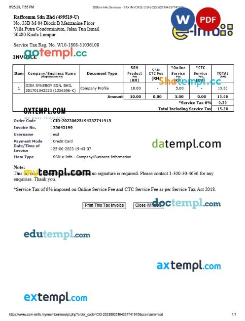 Singapore Jetstar tax invoice editable template in Word and PDF formats