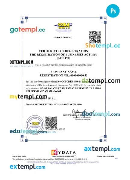 Malaysia company registration certificate PSD template