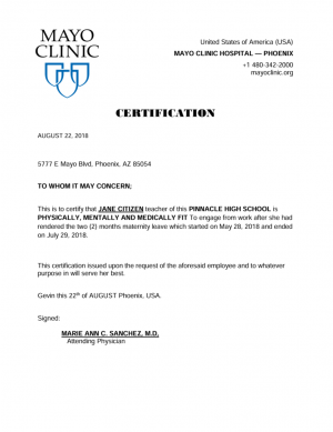 Mayo Clinic – Phoenix certification template in Word and PDF formats