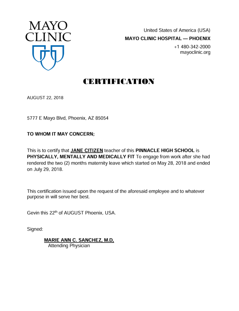 Mayo Clinic – Phoenix certification template in Word and PDF formats