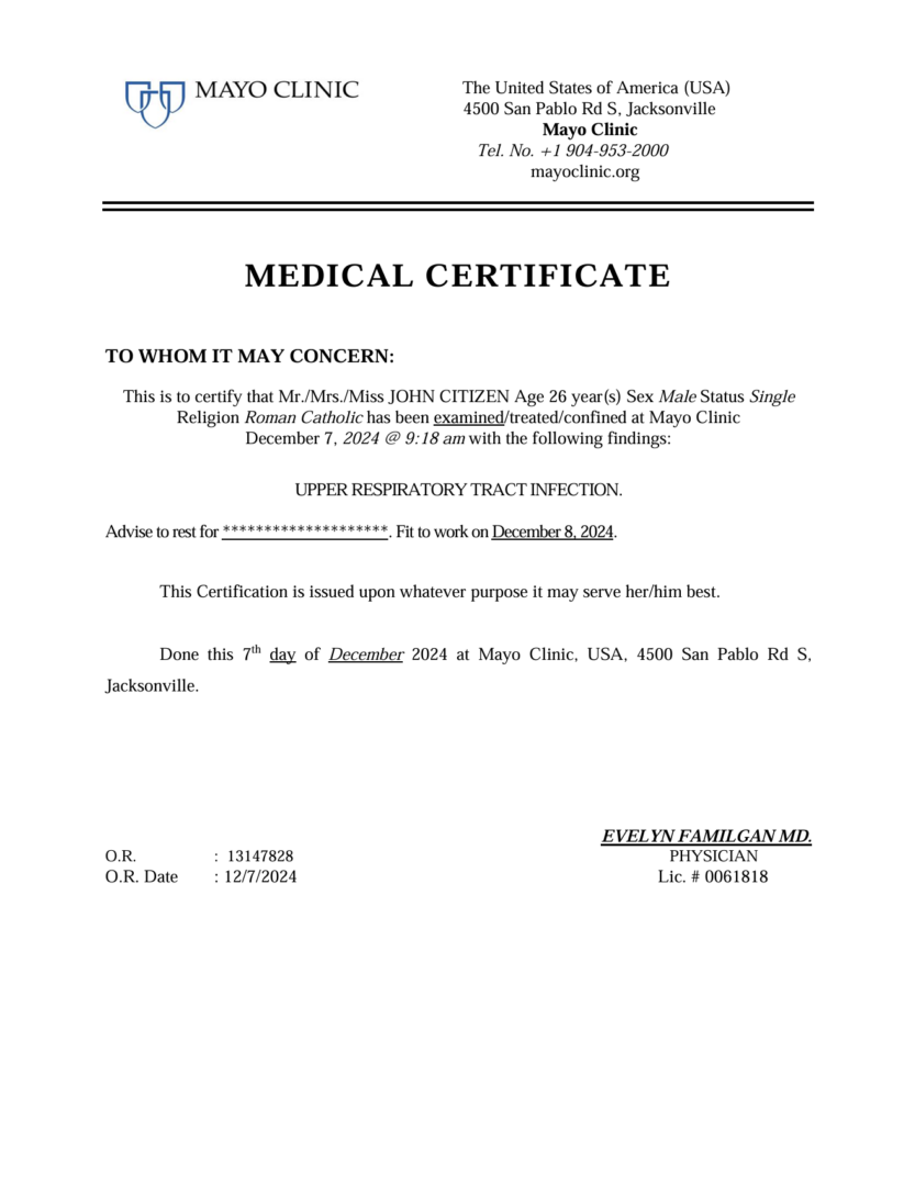 Mayo Clinic medical certificate template in Word and PDF formats