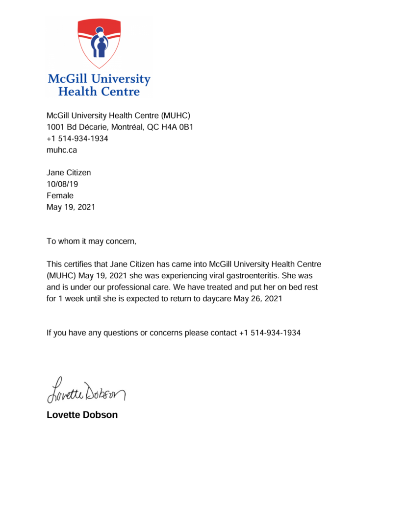 McGill University Health Centre (MUHC) doctor note template in Word and PDF formats