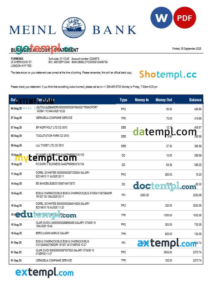 Meinl Bank company checking account statement Word and PDF template