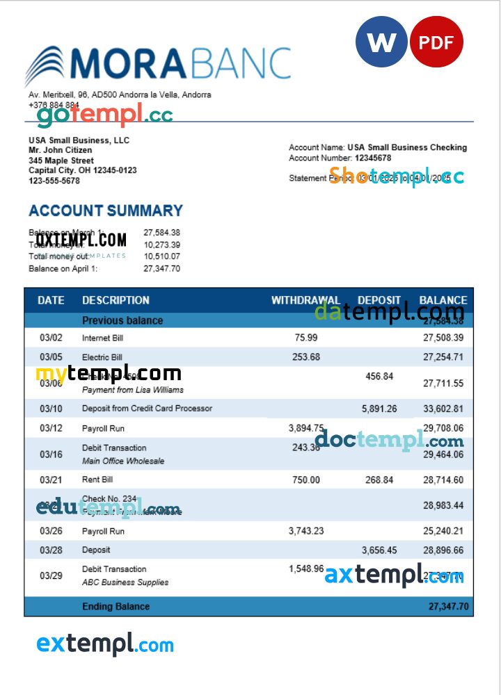 Morabank firm account statement Word and PDF format