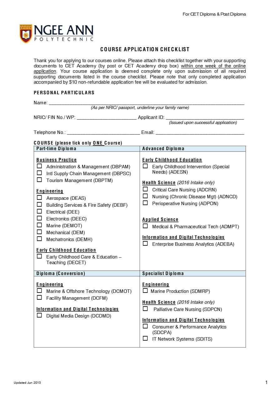 NGEE ANN Politechnic Course Application checklist template in Word and PDF formats, 2 pages