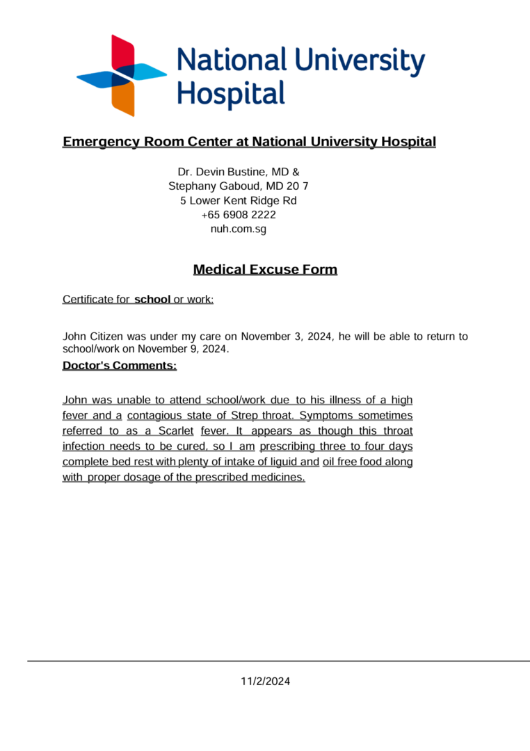 National University Hospital medical excuse template in Word and PDF formats