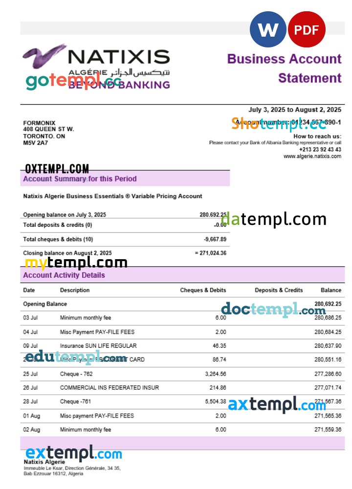 Natixis Algerie business bank statement Word and PDF format