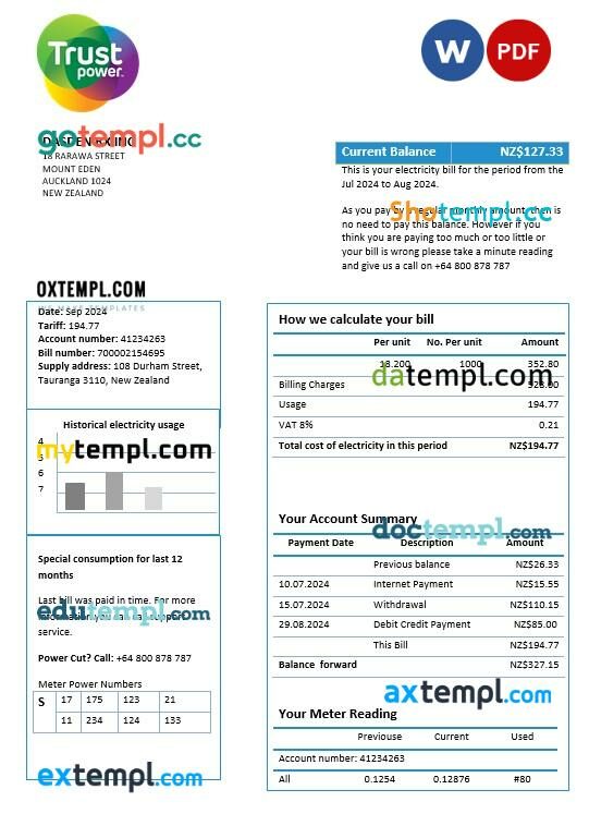 New Zealand Trustpower business utility bill template in Word and PDF formats