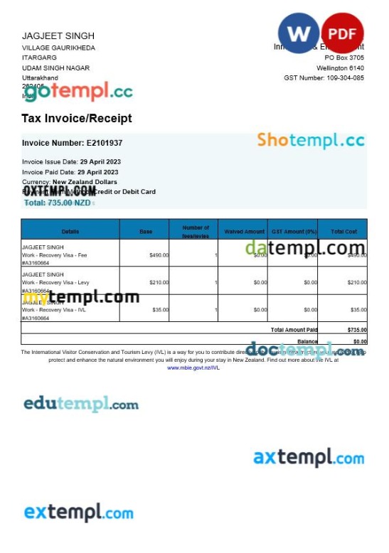 New Zealand Wellington tax invoice editable template in Word and PDF formats