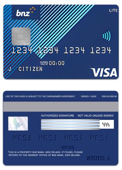 New Zeland BNZ Bank lite visa card template in PSD format