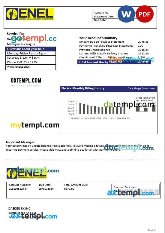 Nicaragua Nicaraguan Electricity Company ENEL electricity business utility bill template in Word and PDF formats