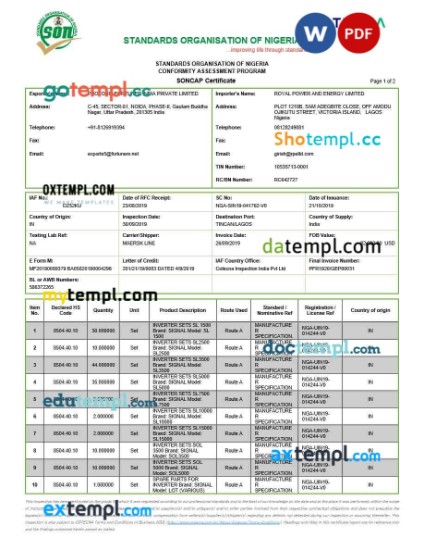 Nigeria Standards organisation of Nigeria conformity certificate template in Word and PDF format