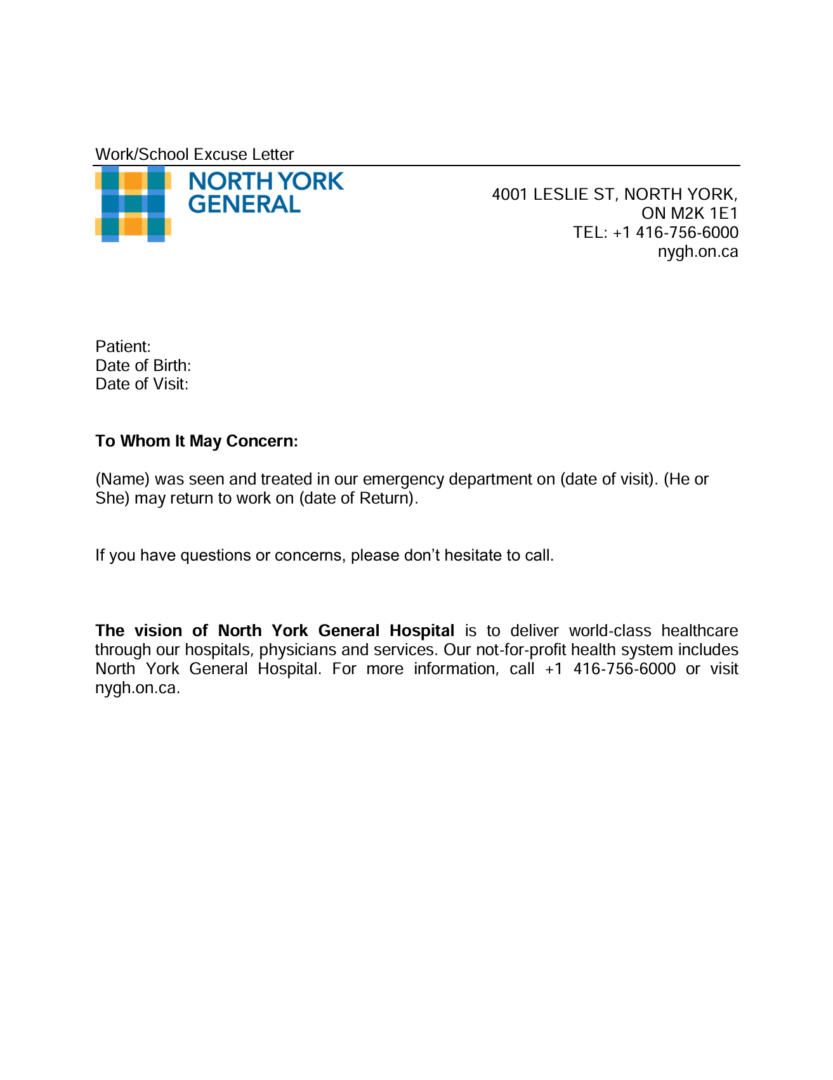 North York General Hospital excuse letter template in Word and PDF formats