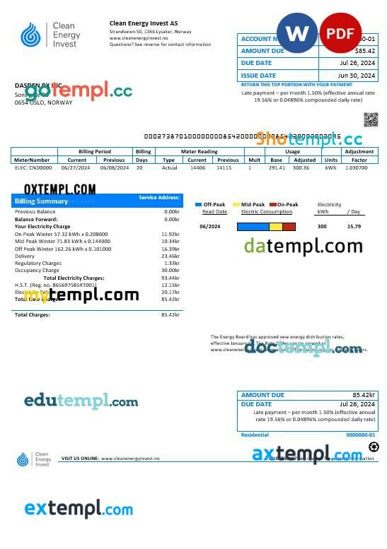 Norway Clean Energy Invest AS business utility bill template in Word and PDF formats, good for address prove