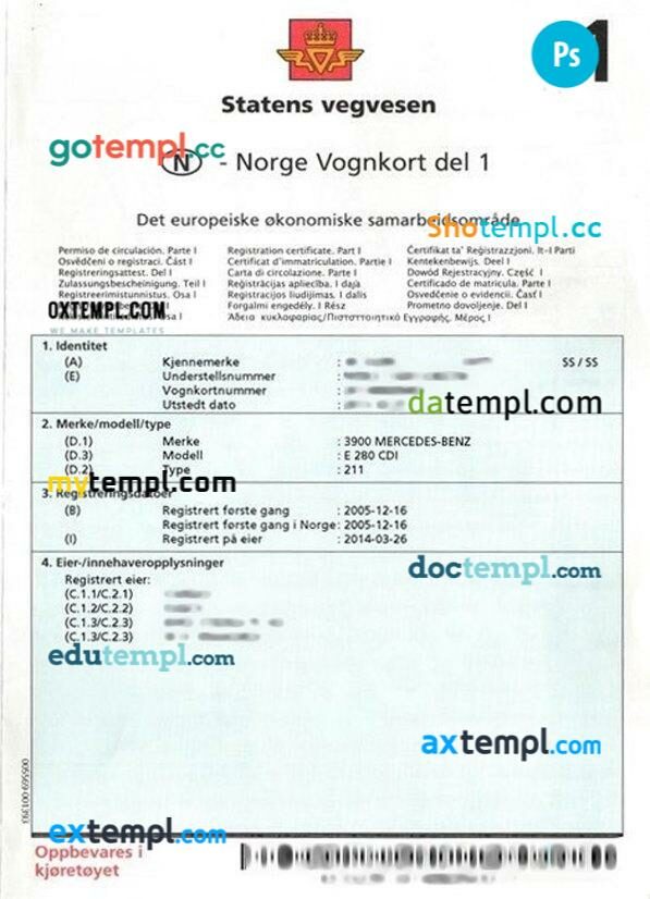 Norway vehicle registration certificate in PSD format