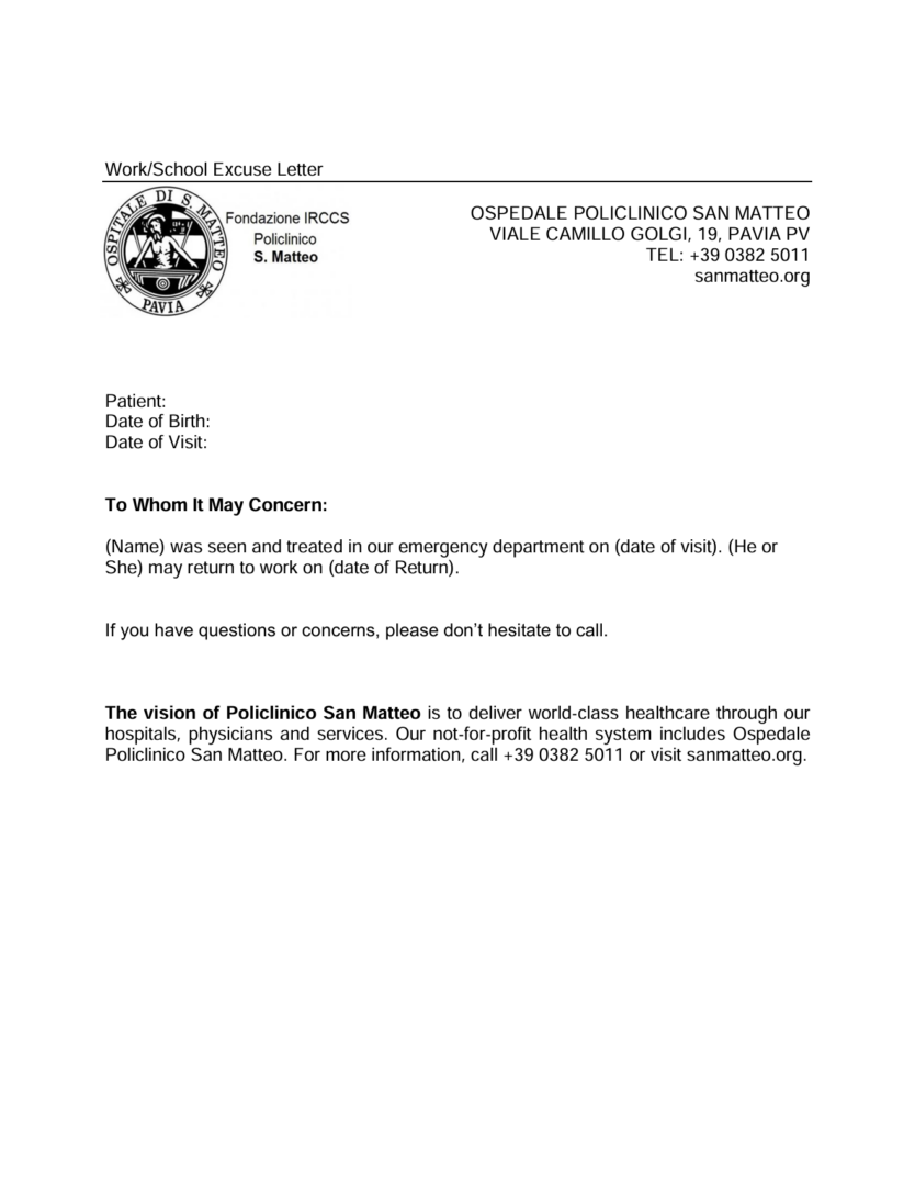 Ospedale Policlinico San Matteo excuse letter template in Word and PDF formats