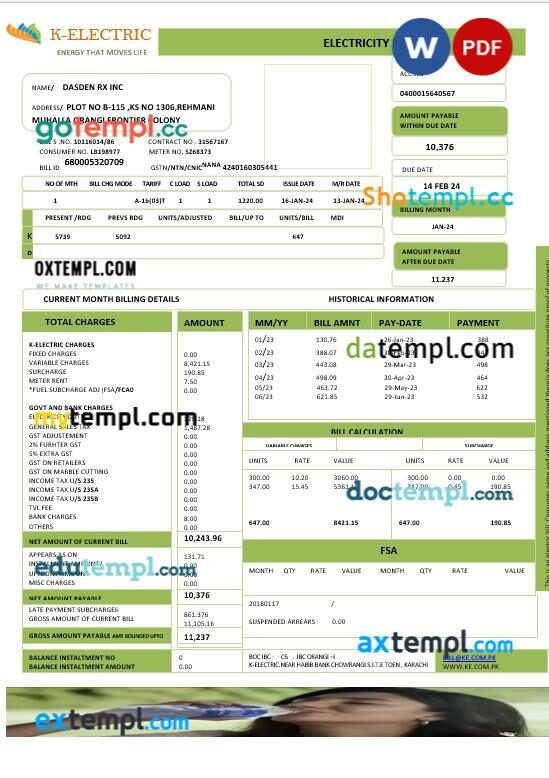 PAKISTAN K-ELECTRIC LIMITED business utility bill Word and PDF template